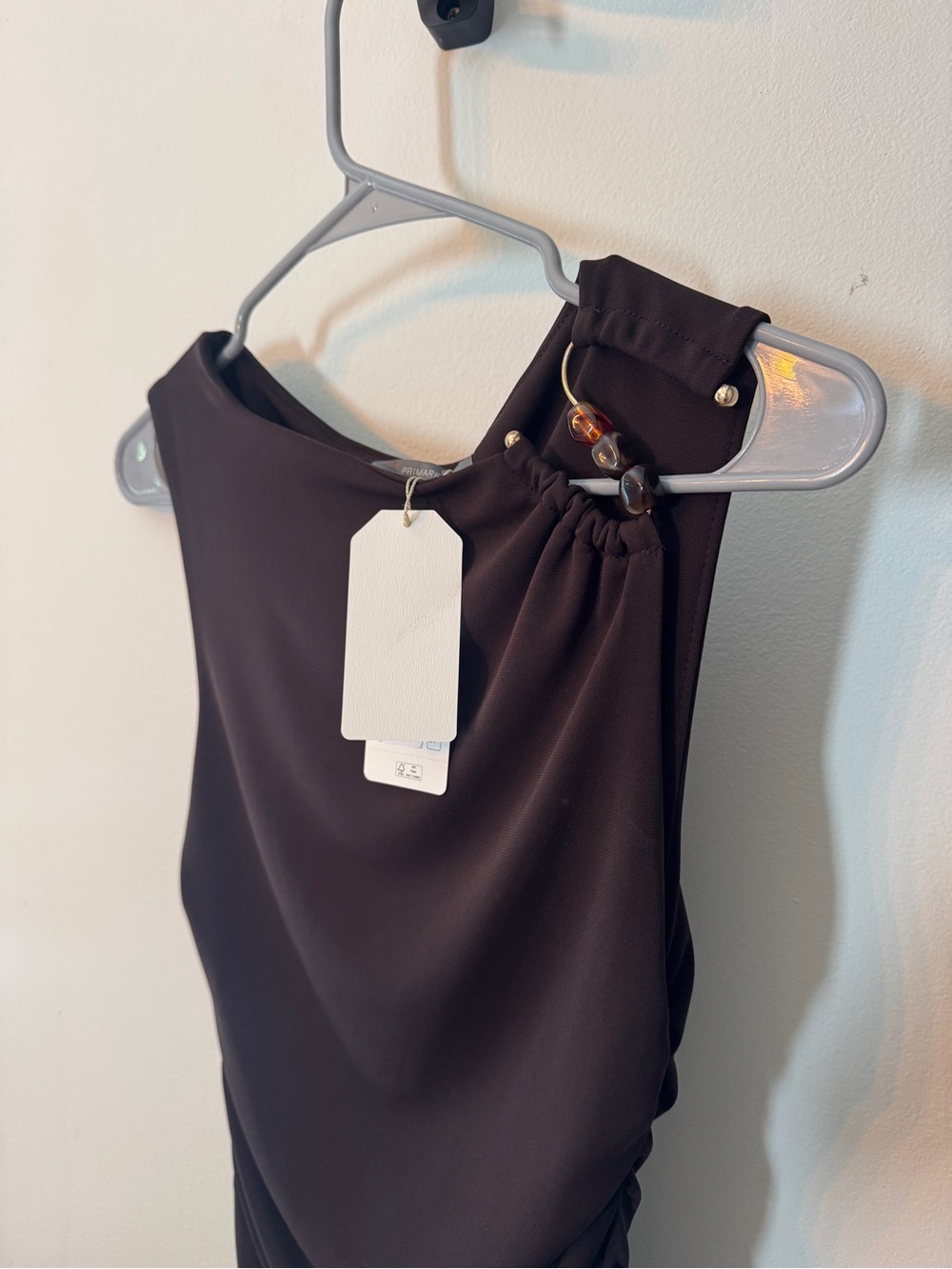 Sleeveless brown Ruched sides beaded midi Dress